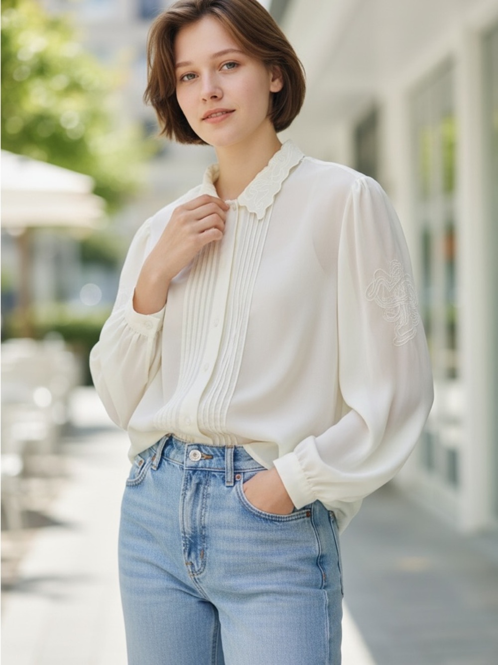 Women's Cream Pintuck Blouse with Scalloped Collar